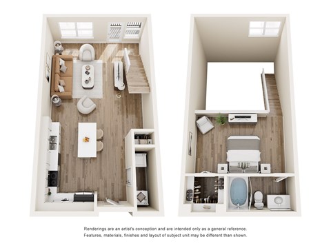 Two images of a small, modern bathroom layout.